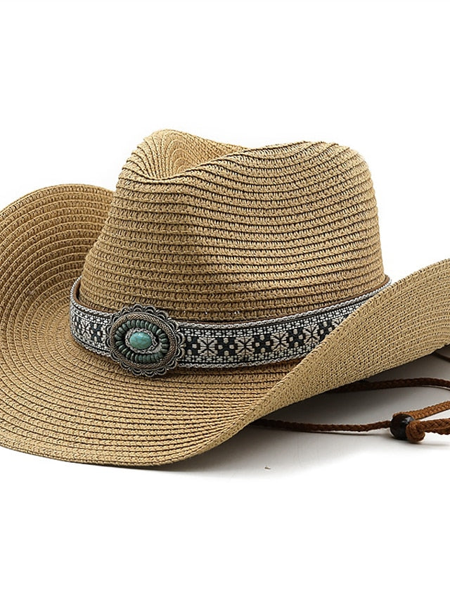 Turquoise Decoration Western Cowboy Hat Men Women Cowgirl Summer Straw Hats For Lady Sun Hat Beach Cowgirl Jazz Hat for Women