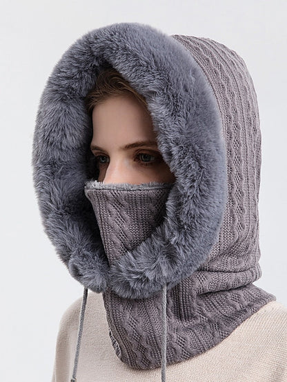 High Quality Winter Fur Cap Mask Set Hooded for Women Knitted Cashmere Neck Warm Outdoor Ski Windproof Hat Thick Plush Fluffy Beanies for Women