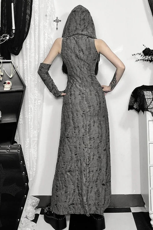 Goth Dark Sleeveless Hooded Split Maxi Dress