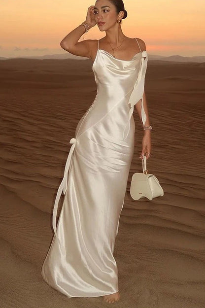 Solid Satin Floral Backless Elegant Maxi Dress
