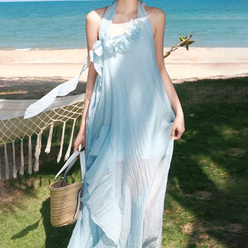 Halter flower applique textured irregular maxi dress  | Festival Outfits Women