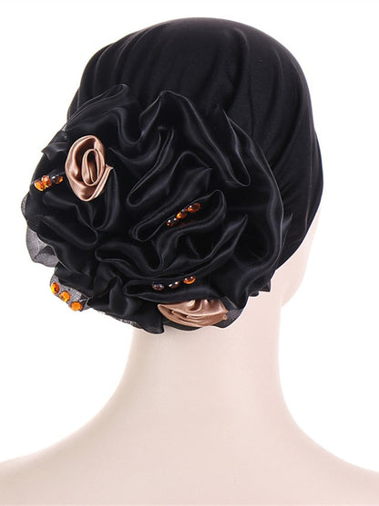 Women Solid Color Back Big Flower New Turban Muslim Hijab Caps Satin Flowers Arab Wrap Inner Hijabs Bonnet Hat Headdress for Women