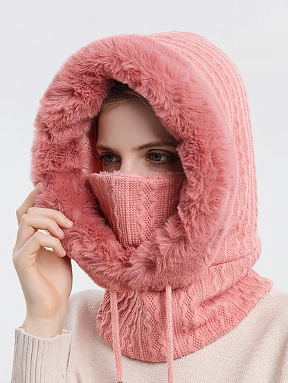 High Quality Winter Fur Cap Mask Set Hooded for Women Knitted Cashmere Neck Warm Outdoor Ski Windproof Hat Thick Plush Fluffy Beanies for Women