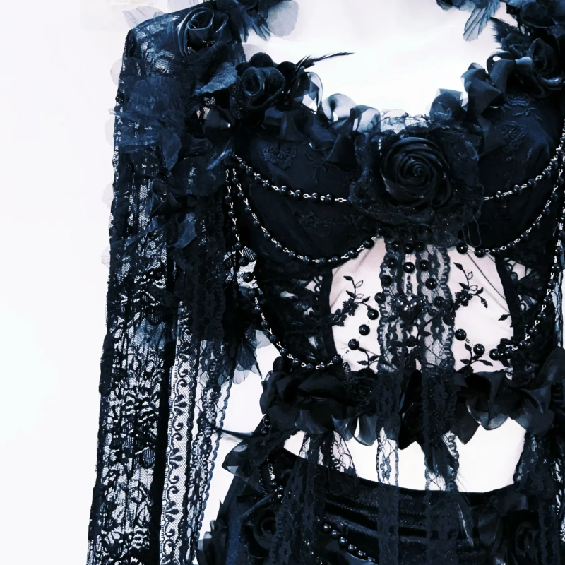 Hollow out long sleeve flower applique lace cut out maxi dress  | Festival Outfits Women