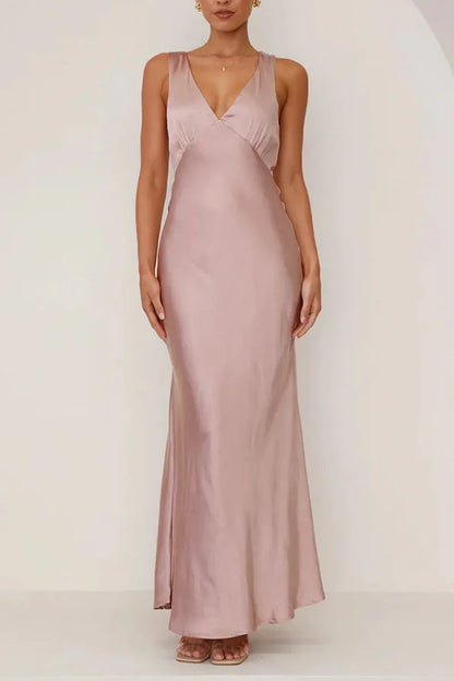 Neck Backless High Waist Slim Fit Solid Color Gowns Maxi Dresses