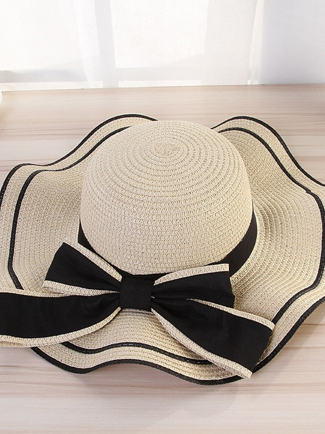 Hat Straw Hat Sun Hat Pink Khaki Navy Blue Outdoor Street Dailywear Bow Ribbon bow Portable Sun Protection Comfort for Women