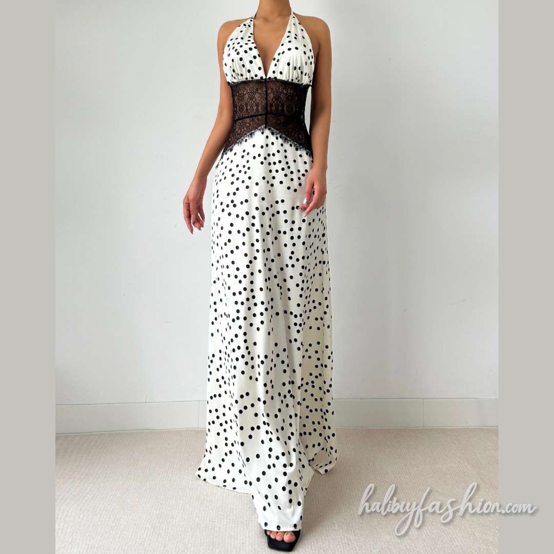 Polka dot halter self tie v neck lace maxi dress