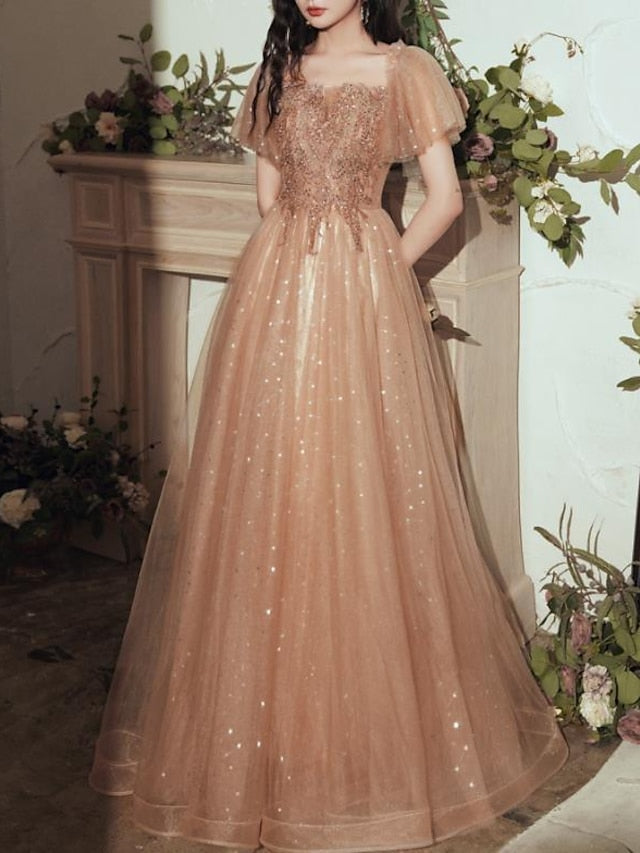 A-Line Glittering Elegant Wedding Guest Formal Evening Dress Scoop Neck Short Sleeve Floor Length Tulle with Pleats Sequin 2022