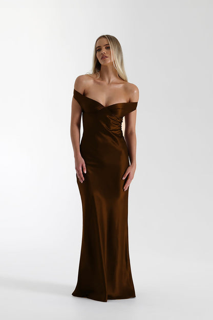 Vintage Satin Mermaid Off Shoulder Maxi Dress