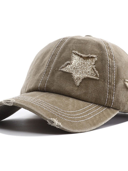 Men Washed Cotton Baseball Cap Glitter Star Embroidery Vintage Distressed Messy High Bun Ponytail Hole Trucker Hat Adjustable Sun Hat for Women
