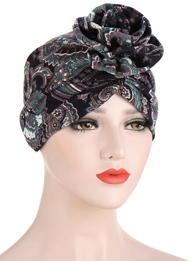 Ethnic Plaid Pattern Cashew Print Big Flower Headscarf Bonnet Women Turban Hat Turbante Femme Musulman India Hat Islamic Head Wrap Turban for Women