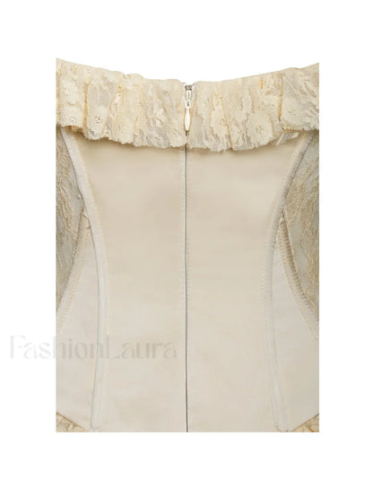 Ersilia Pale Yellow Satin Lace Trendy Peplum Corset Off Shoulder Maxi Dress