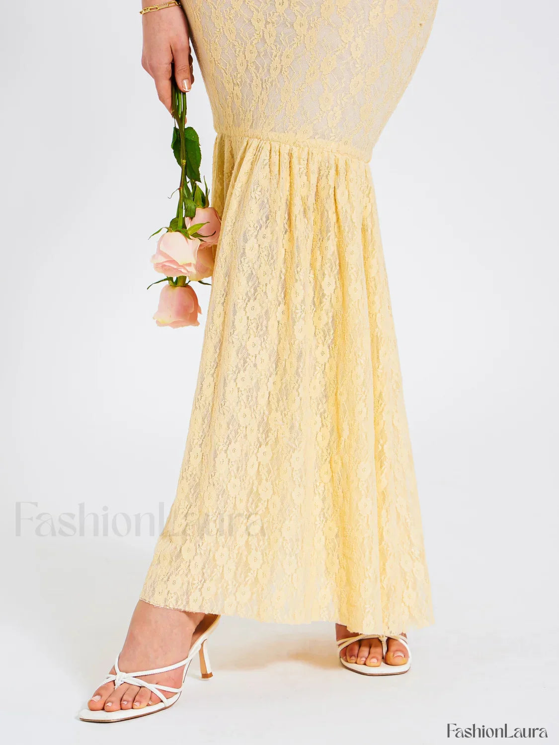 Ersilia Pale Yellow Satin Lace Trendy Peplum Corset Off Shoulder Maxi Dress
