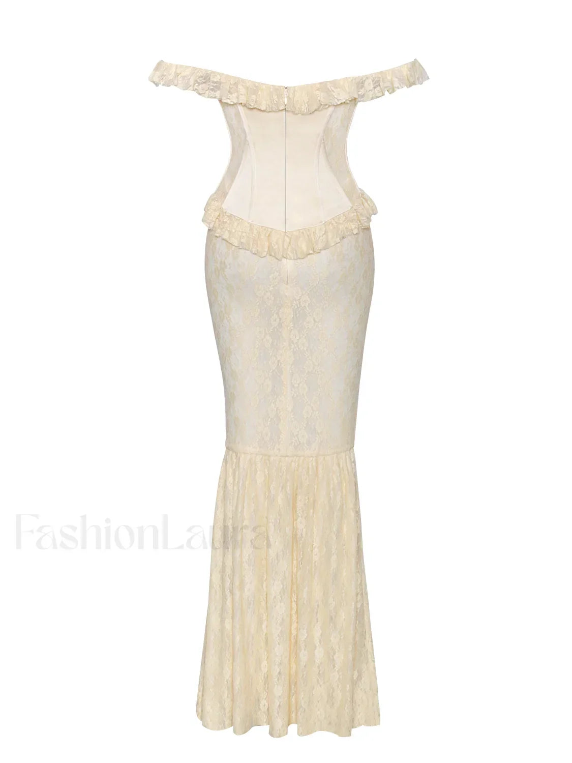 Ersilia Pale Yellow Satin Lace Trendy Peplum Corset Off Shoulder Maxi Dress