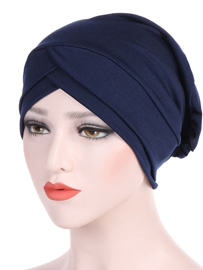 Solid Stretch Fabric Forehead Cross India Cap Turban Hat Women Elastic Turban Muslim Hijab Islamic India Hair Loss Caps Scarf Headwraps for Women