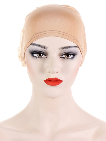 Women Solid Color Back Big Flower New Turban Muslim Hijab Caps Satin Flowers Arab Wrap Inner Hijabs Bonnet Hat Headdress for Women