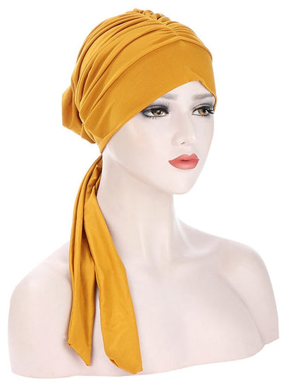 Muslim Women Stretch Solid Wrinkle Turban Hat Cancer Chemo Beanies Caps Pre-Tied Scarf Headwear Headwrap Simple Hair Accessories for Women