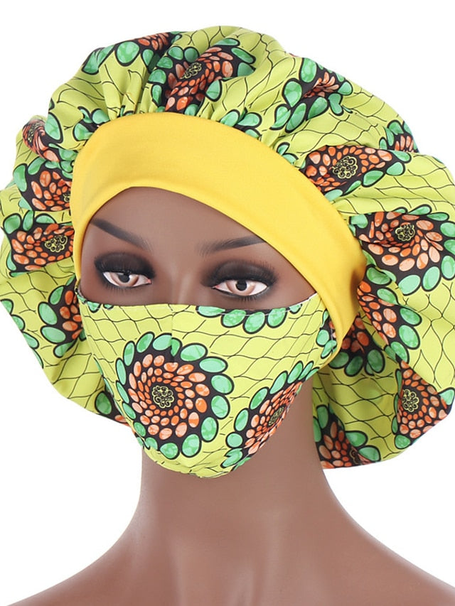 African Pattern Print Satin Bonnet Hijabs Hat Women Night Sleep Cap  with Mask Turban Extra Large Head Wear Lady Head Wrap for Women