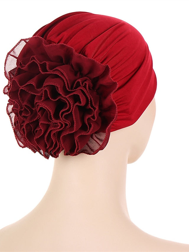 Woman Big Flower India Hat Beanie Turban Hair Accessories Elastic Cloth Hair Bands Hat Chemo Beanie Ladies Muslim Solid Hair Loss Cap for Women
