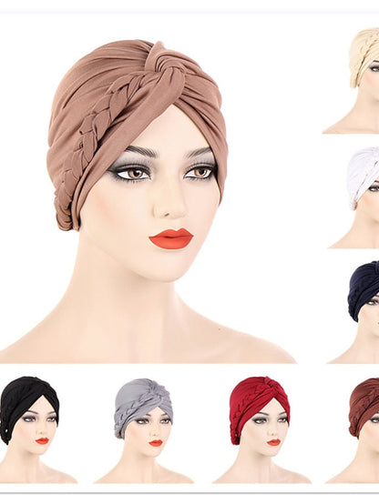 Women Lady Muslim Braid Head Turban Wrap Plain Color Islamic Arab Cap Hat Hair Loss Bonnet Beanies for Women
