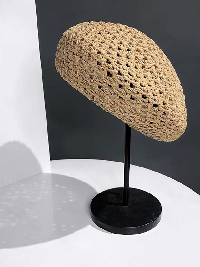 Spring Summer Breathable Straw Hat Female Unique Beret Black Khaki Beige British Beret Hat Hollow Artistic Painter Hat for Women