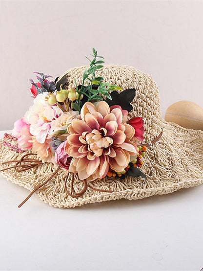 Hat Straw Hat Sun Hat Pink Khaki Navy Blue Party Outdoor Dailywear Floral Floral Portable Windproof Comfort for Women