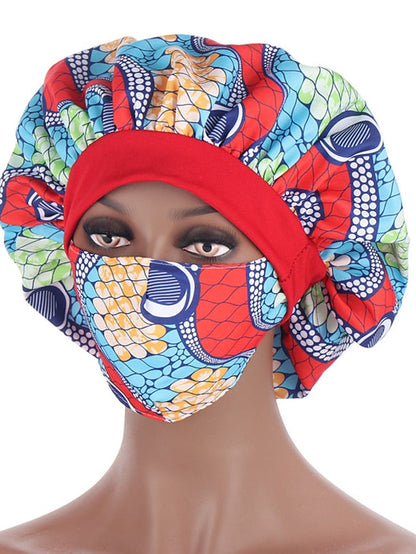 African Pattern Print Satin Bonnet Hijabs Hat Women Night Sleep Cap  with Mask Turban Extra Large Head Wear Lady Head Wrap for Women