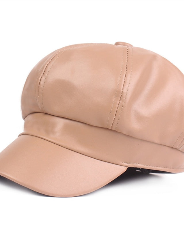 PU Beret Spring Autumn Winter Black Newsboy British Vintage Street Painter's Hat Wine Red Hat Simple Style Berets Octagonal Hat for Women