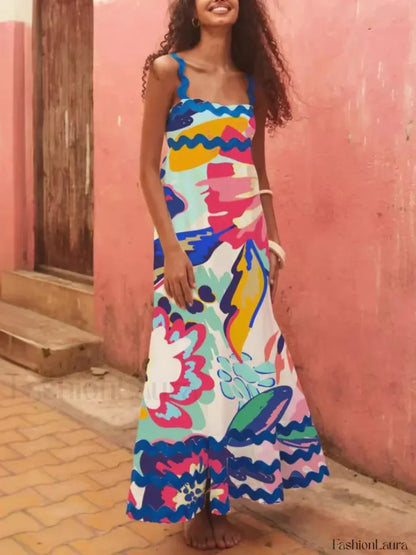 Holiday Digital Printed Long Women Fashion Summer Elegant A- Line Vintage Sling Maxi Dress