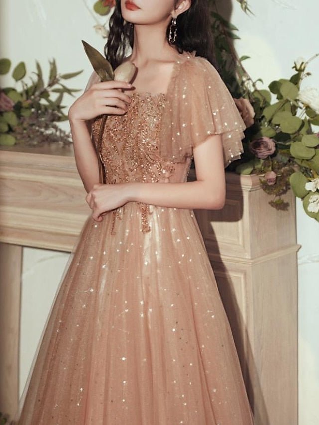A-Line Glittering Elegant Wedding Guest Formal Evening Dress Scoop Neck Short Sleeve Floor Length Tulle with Pleats Sequin 2022