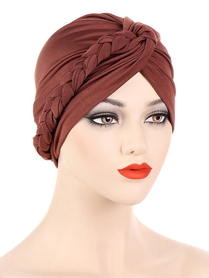 Women Lady Muslim Braid Head Turban Wrap Plain Color Islamic Arab Cap Hat Hair Loss Bonnet Beanies for Women