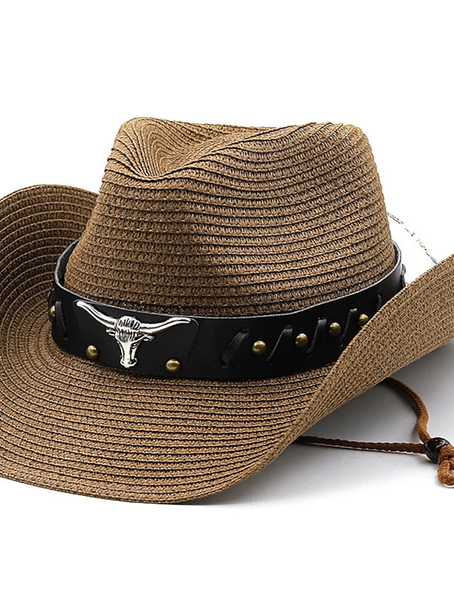 Ethnic Style Hat Cowboy Men Straw Panama Hat Belt Cow Decorate Wide Brimmed Hats For Summer Khaki Women Hat New Arrival for Women