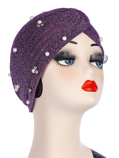 Fashion Women Turban Gold Shiny Hat for Lady Pearl Beading Bright Hat Indian Style Muslim Thin Head Wraps for Women