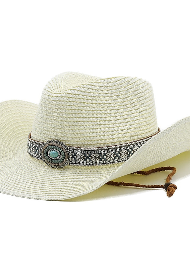 Turquoise Decoration Western Cowboy Hat Men Women Cowgirl Summer Straw Hats For Lady Sun Hat Beach Cowgirl Jazz Hat for Women
