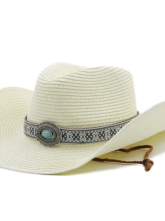 Turquoise Decoration Western Cowboy Hat Men Women Cowgirl Summer Straw Hats For Lady Sun Hat Beach Cowgirl Jazz Hat for Women