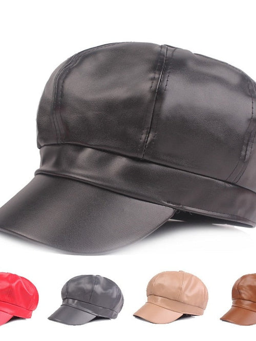 PU Beret Spring Autumn Winter Black Newsboy British Vintage Street Painter's Hat Wine Red Hat Simple Style Berets Octagonal Hat for Women