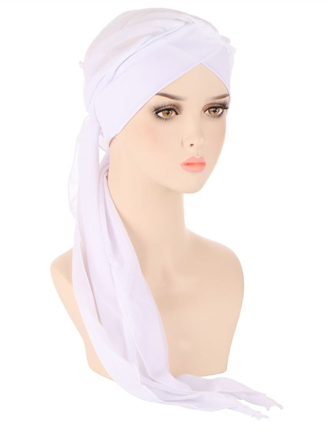 Muslim Women Chiffon Long Headscarf Islam Turban Indian Cap Plain Print Hijab Beanie Hair Care Boho Wraps Hat for Women