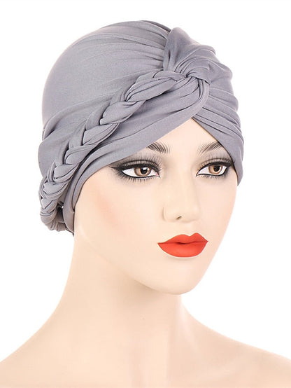 Women Lady Muslim Braid Head Turban Wrap Plain Color Islamic Arab Cap Hat Hair Loss Bonnet Beanies for Women