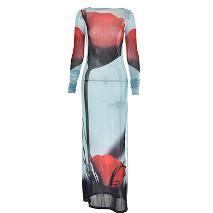 Sheer mesh see through abstract contrast long sleeve slit maxi dress