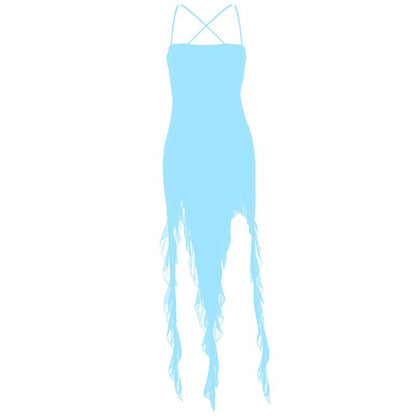 Ruffle cross back solid lace up cami maxi dress  | Festival Outfits Women