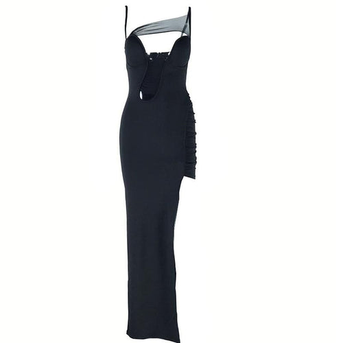 Irregular high slit ruched mesh hollow out cami cut out maxi dress  | Festival Outfits Women