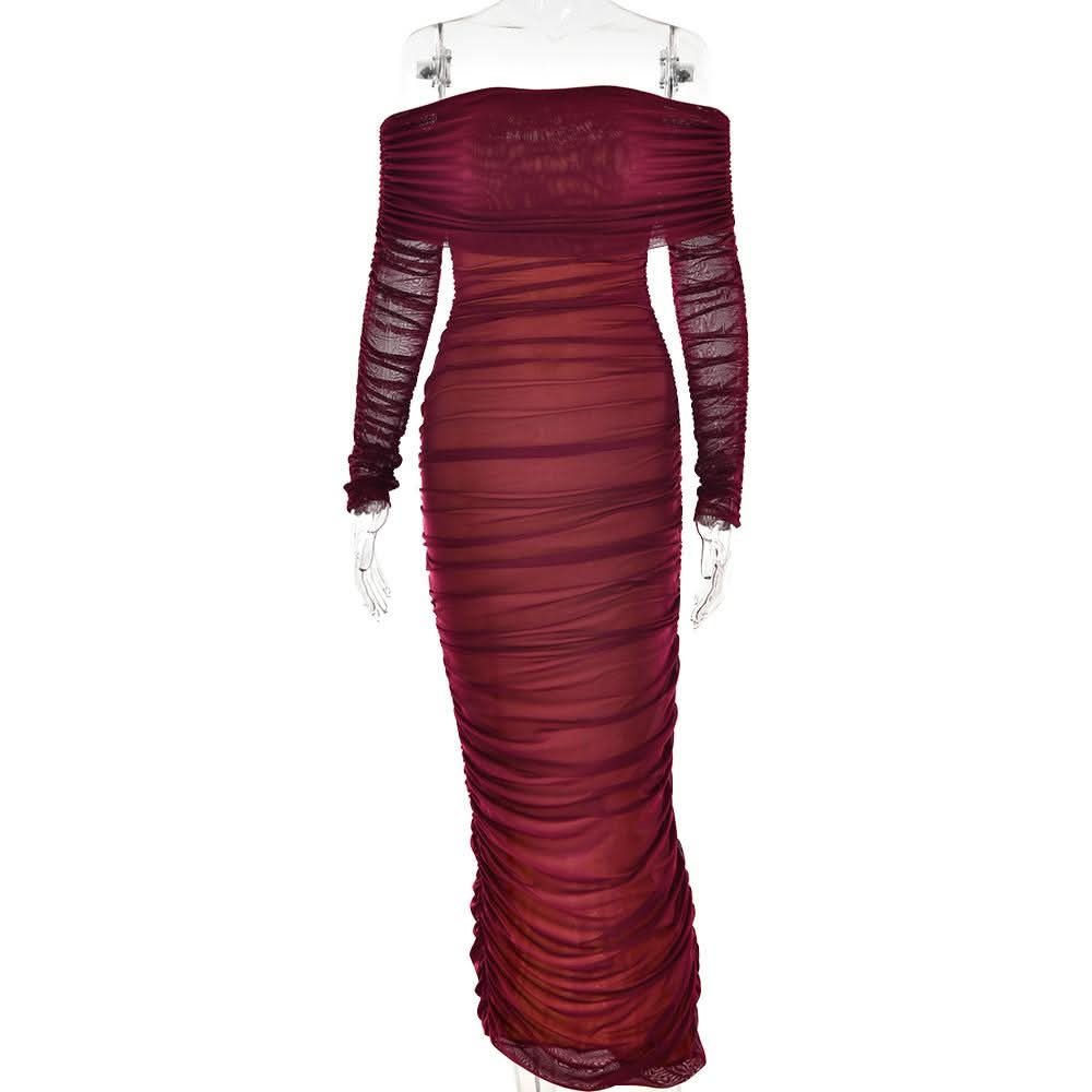 Off shoulder long sleeve slit mesh ruched maxi dress  | Festival Outfits Women
