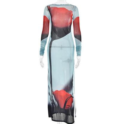 Sheer mesh see through abstract contrast long sleeve slit maxi dress