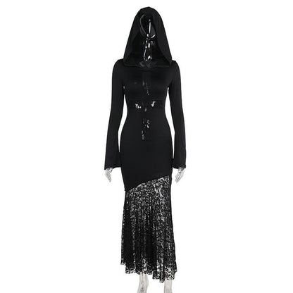 Long sleeve hoodie lace hem cross pattern maxi dress  | Festival Outfits Women