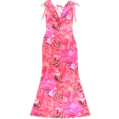 Cowl neck self tie flower print backless maxi dress  | Festival Outfits Women