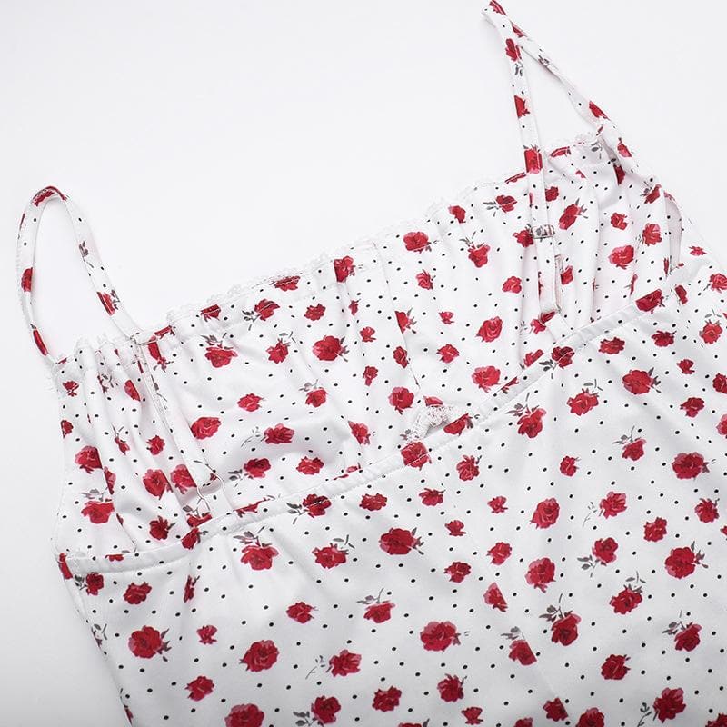 Bowknot ribbon stitch flower print polka dot cami maxi dress  | Festival Outfits Women