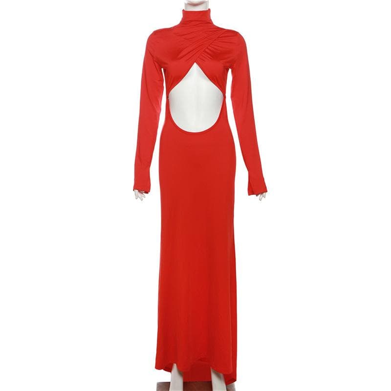 Hollow out solid long sleeve high neck zip-up cut out maxi dress  | Festival Outfits Women