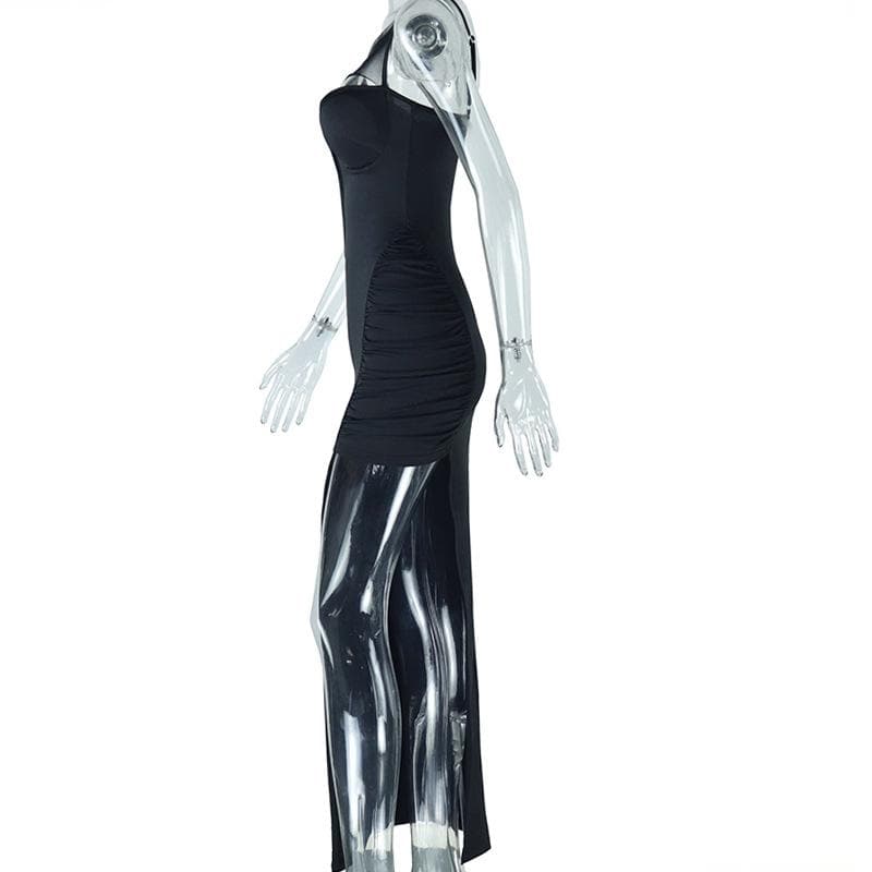 Irregular high slit ruched mesh hollow out cami cut out maxi dress  | Festival Outfits Women