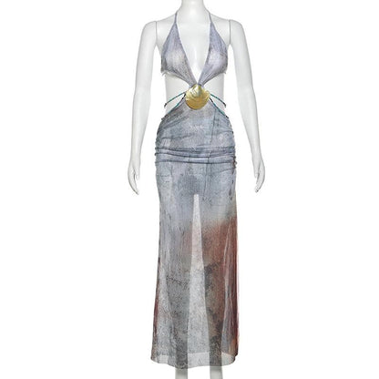 Halter self tie deep V neck sheer mesh shell applique maxi dress  | Festival Outfits Women