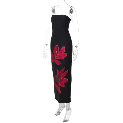 Flower print knotted backless tube maxi dress  | Festival Outfits Women